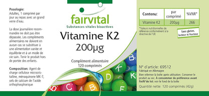 Fairvital | Vitamina K2 200mcg - 4 mesi - VEGAN - alto dosaggio - 120 compresse - menachinone da natto - MK-7