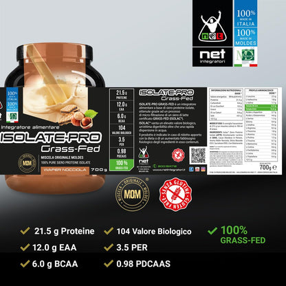 NET Integratori ISOLATE PRO Grass Fed - 700g Cioccolato - Proteine Isolate Con EAA Aminoacidi Essenziali e BCAA - Massimizza La Sintesi Proteica e La Crescita Muscolare