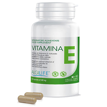 ALGILIFE Vitamina E | Integratore Vitamine E Pura Tocoferolo e Tocotrienolo | Antiossidante, 100% Naturale, Sviluppo e Mantenimento Funzione Nervosa e Muscolare (60 capsule vegetali, scorta 2 mesi)