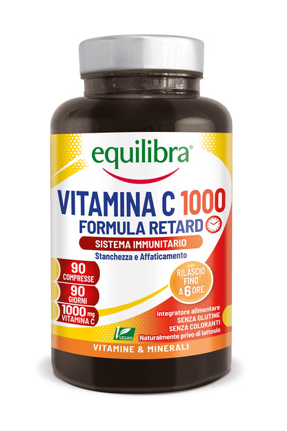 equilibra Integratori Alimentari, Vitamina C 1000 mg, Integratore Altodosato per la Normale Funzione del Sistema Immunitario, Rilascio Graduale Fino a 6 Ore, Vegan, Gluten Free, 90 Compresse