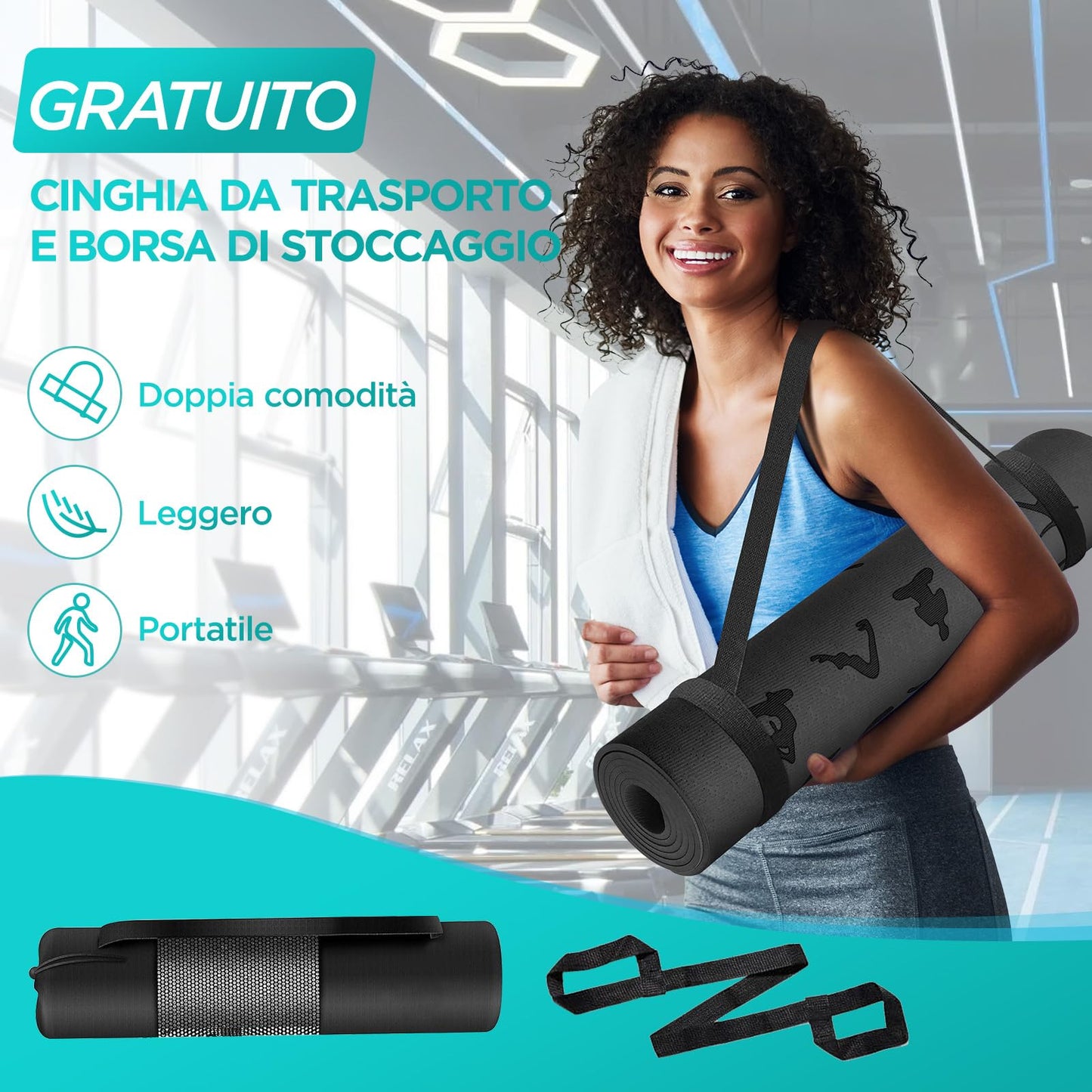 OUTDOUSE Tappetino Yoga,Tappetino Palestra TPE,Tappetino Yoga Antiscivolo,Tappetino Pilates,Tappeto Yoga,per Palestra,Pilates,Yoga,Fitness,Sport,Yoga Mat con Tracolla e Borsa di Stoccaggio,183x61cm