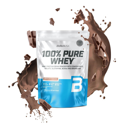 BioTechUSA 100% Pure Whey Complesso proteico del siero di latte con bromelina, aminoacidi, senza zuccheri aggiunti, senza olio di palma e con edulcorante, 1 kg, Cioccolato