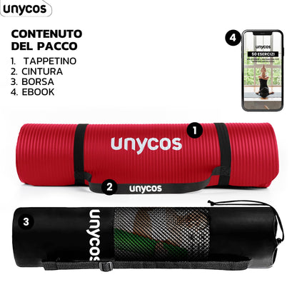 unycos - Tappetino Antiscivolo da Yoga, Pilates e Ginnastica Extra Spesso 10/15 mm, 183x60 cm, Materassino Fitness con Schiuma NBR Confortevole, Tracolla, Borsa ed E-Book di 50 Esercizi