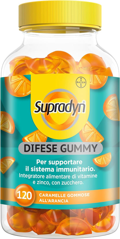 Supradyn Difese Gummy Multivitaminico Caramelle, Integratore Multivitaminico Difese Immunitarie Adulti con 7 Vitamine e Zinco, Vitamina D, Vitamina C, 120 Vitamine Gommose Gusto Arancia