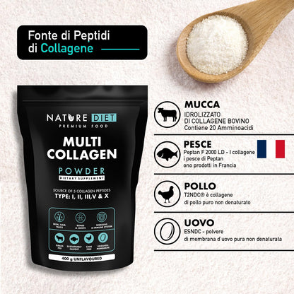 Nature Diet Multi Collagene in Polvere Non Aromatizzato Idrolizzato Collagene peptidico di tipo: I, II, III, V e X, altamente biodisponibile, collageno peptide, 400G