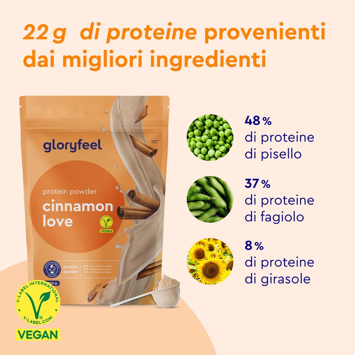 Proteine in Polvere Vegane 1 kg, 22 g Proteine, Gusto Vaniglia, Proteine Vegetali Isolate in Polvere di Pisello, Fagiolo e Girasole, Aumento e Crescita Muscolare*, senza Glutine, Zucchero e Lattosio