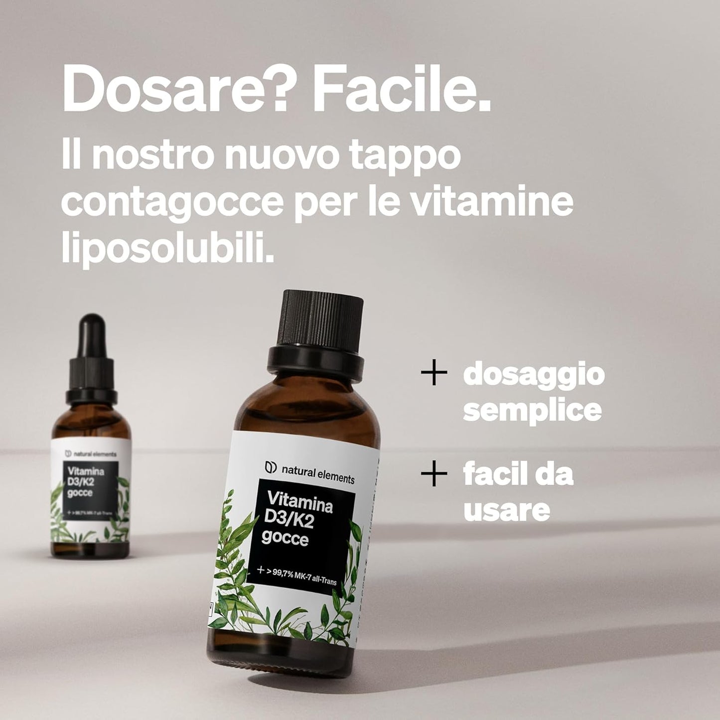 Vitamina D3 + K2 in gocce da 50 ml – Premium: meno che 99,7% all-trans (K2VITAL® di Kappa) + D3 ad alta biodisponibilità – natural elements – Integratore Vitamin D – alto dosaggio, liquida