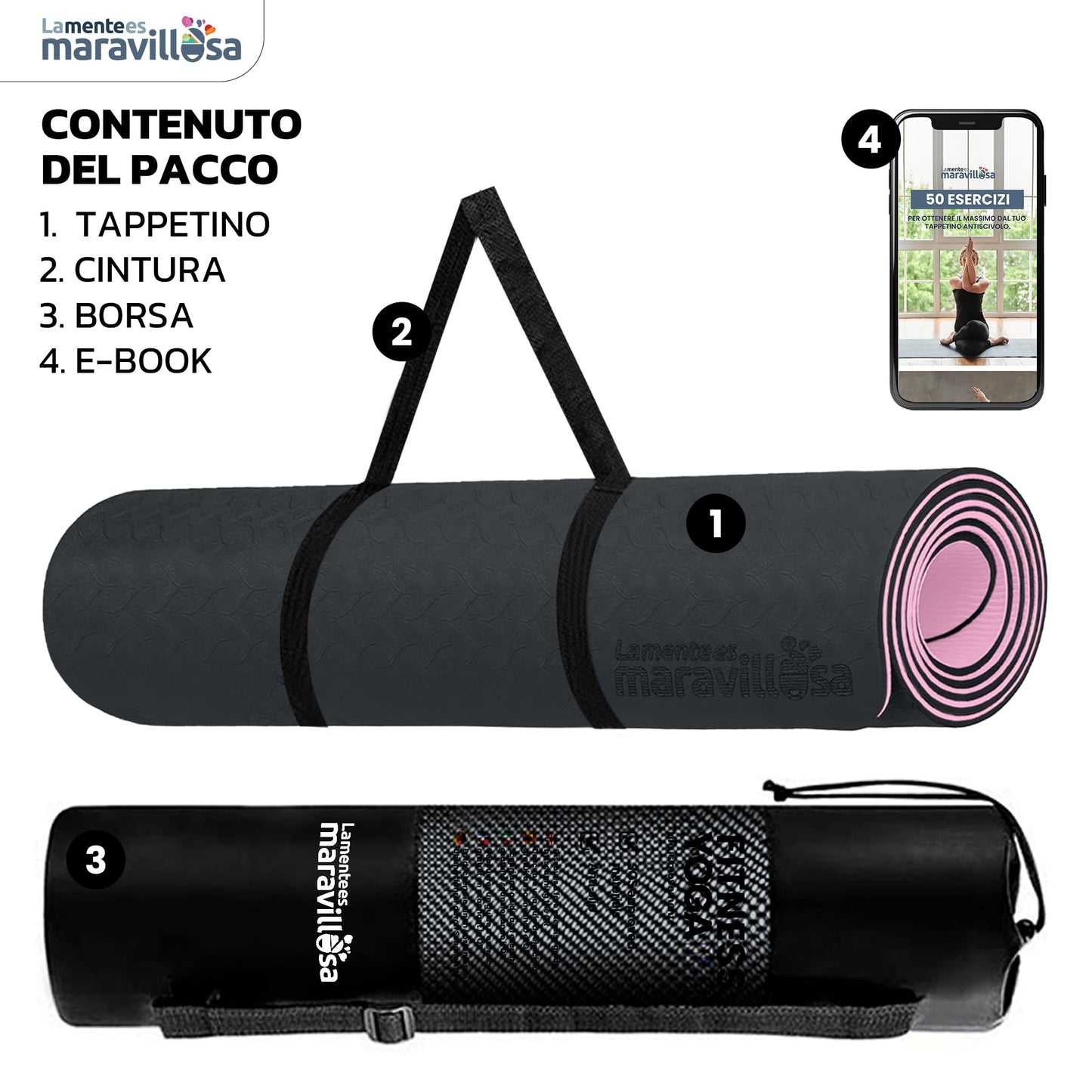 LA MENTE ES MARAVILLOSA - Tappetino per Yoga, Pilates, Fitness o Altri Sport, Tappetino Antiscivolo in TPE con Borsa a Tracolla, Tappetino da Allenamento 183 x 61 cm