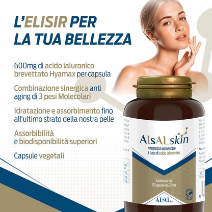 Aisalskin Acido Ialuronico puro - 3 Pesi Molecolari, 120 Capsule - azione anti aging, idratante e rimpolpante per una Pelle Sana - Fornitura per 4 Mesi