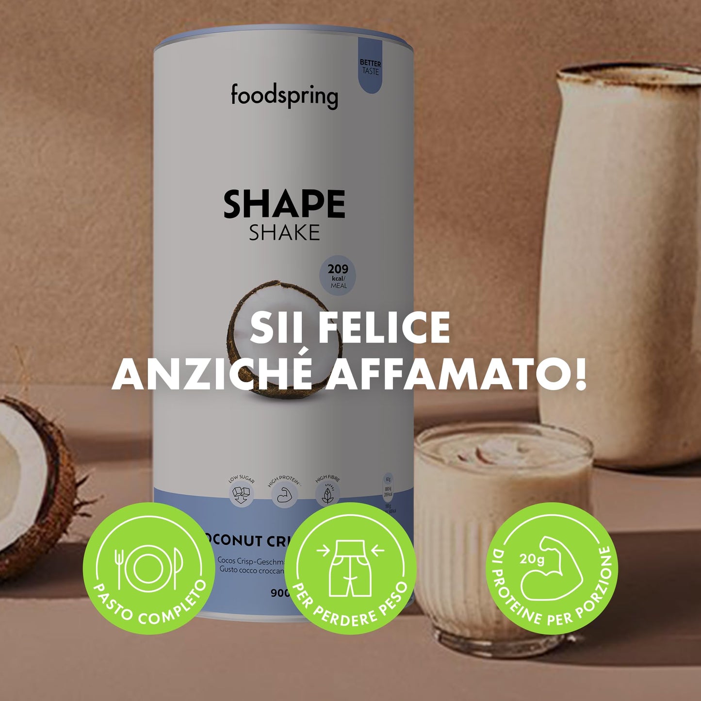 foodspring Shape Shake Bustine Monoporzione, 10 x 60 g, Sostituto pasto per il controllo del peso*, Ricco di proteine, Vitamine e minerali