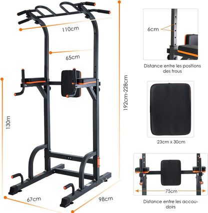 ISE Power Tower Multifunzione, Altezza Regolabile 192-228cm, Dip Station, Sbarra Sollevamento, Impugnature per Flessioni, Sbarra Trazioni Workout Dip Station per Dips,Chin Up,Allenarsi a Casa