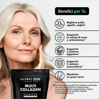 Nature Diet Multi Collagene in Polvere Non Aromatizzato Idrolizzato Collagene peptidico di tipo: I, II, III, V e X, altamente biodisponibile, collageno peptide, 400G