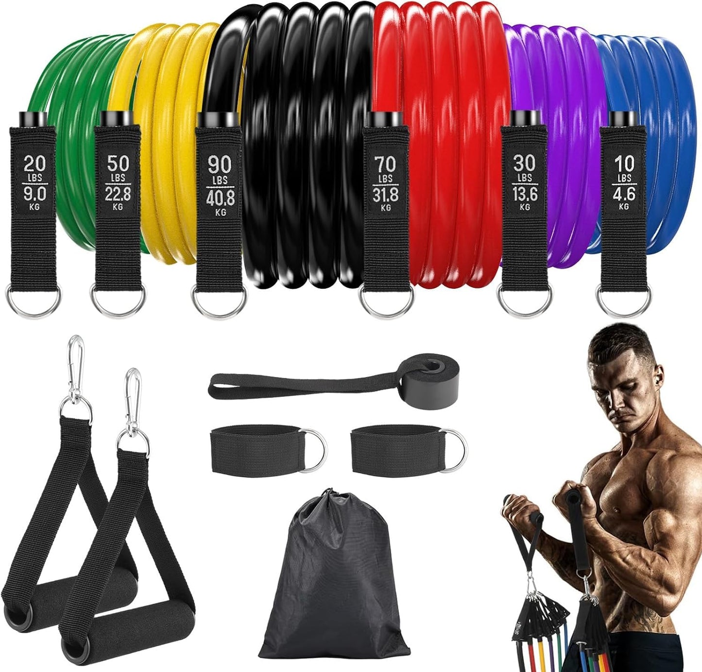 Fitense 6 Set Elastici Fitness Uomo - Elastico Fitness Bande 270 Lbs, Elastici Palestra con Maniglie, Ancoraggio Porta, Cinghie Caviglia, Borsa e Poster, Perfette per Allenamento a Casa o in Palestra