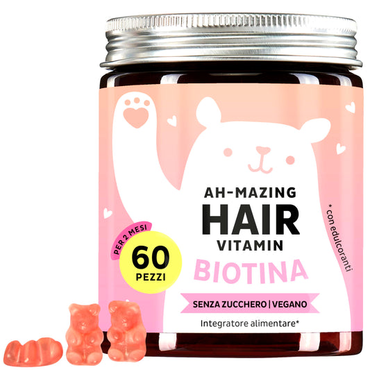 Caramelle Gommose Biotina 5000μg - Vegano e Senza Zucchero - 60 Gummies - Vitamine per Capelli, Biotina, Zinco, Vitamina C - Crescita Capelli e Unghie Rinforzate - 2 Mesi - Bears with Benefits