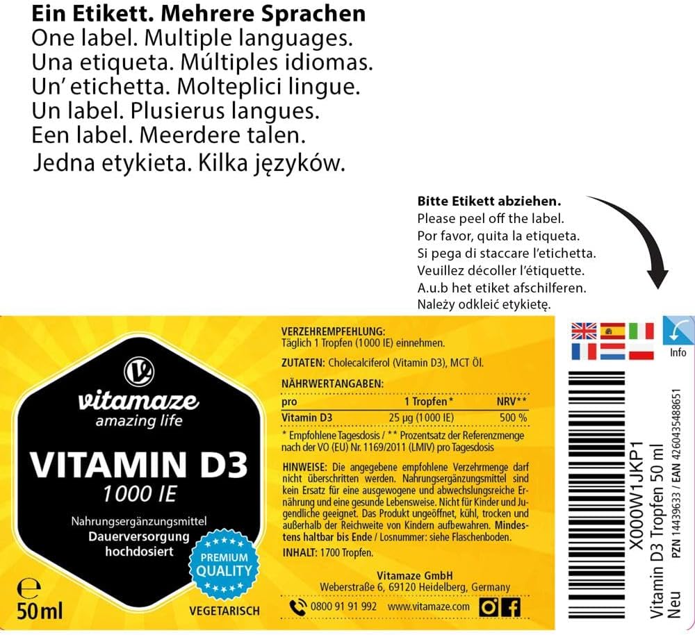 Vitamaze® Vitamina D3 Gocce 1000 UI, 50 ml (1750 Gocce) Alto Dosaggio, Colecalciferolo vegetariano, Alta Biodisponibilità, Qualità Tedesca, Naturale Pura Integratore senza Additivi non Necessari…