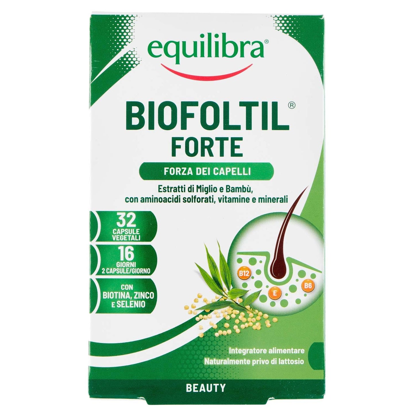 equilibra Integratori Alimentari, Biofoltil Forte, Integratore per il Benessere di Capelli e Unghie, a Base di Zinco, Selenio e Rame, con Ortica, Miglio e Bambù, 32 Capsule