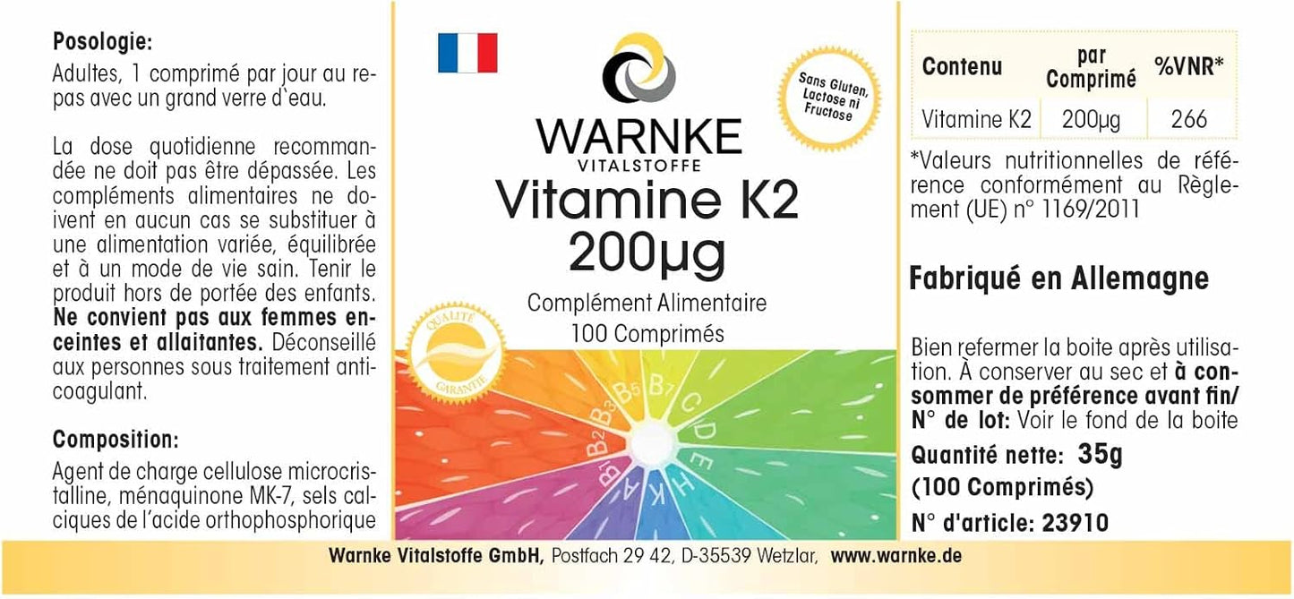 Vitamina k2 mk7 200 mcg - 100 compresse - Menachinone naturale MK-7 - vegan | Warnke Vitalstoffe - Qualità da farmacia tedesca