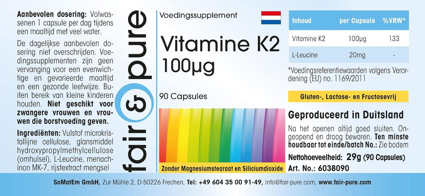 Fair & Pure® - Vitamina K2 100µg - Menaquinone MK7 Naturale - Da Natto - Vegan - 90 Capsule