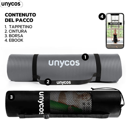 unycos - Tappetino Antiscivolo da Yoga, Pilates e Ginnastica Extra Spesso 10/15 mm, 183x60 cm, Materassino Fitness con Schiuma NBR Confortevole, Tracolla, Borsa ed E-Book di 50 Esercizi