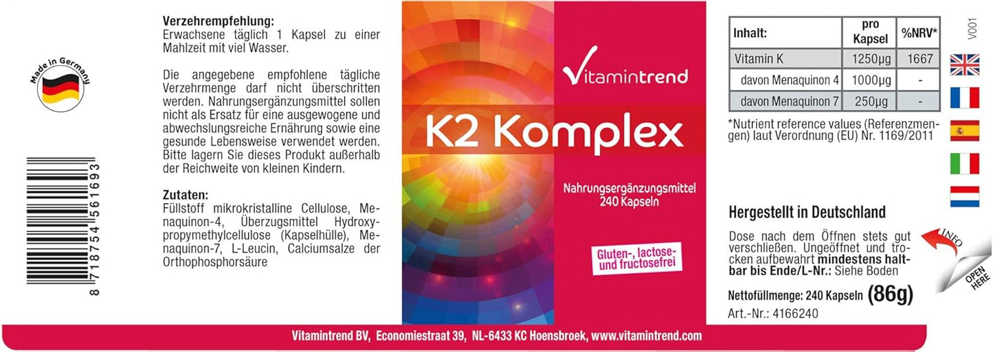 Vitamina k2 mk7 Complex 1250mcg - 240 Capsule - Vegan - Altamente dosato - MK-4 e MK-7 | Vitamintrend®