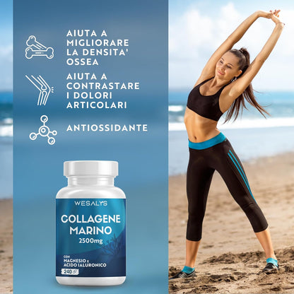 COLLAGENE MARINO con Acido ialuronico - 240 Capsule - 2500mg di Collagene idrolizzato, Integratore con Biotina, Vitamina C, Coenzima Q10 per Pelle, Capelli e Articolazioni