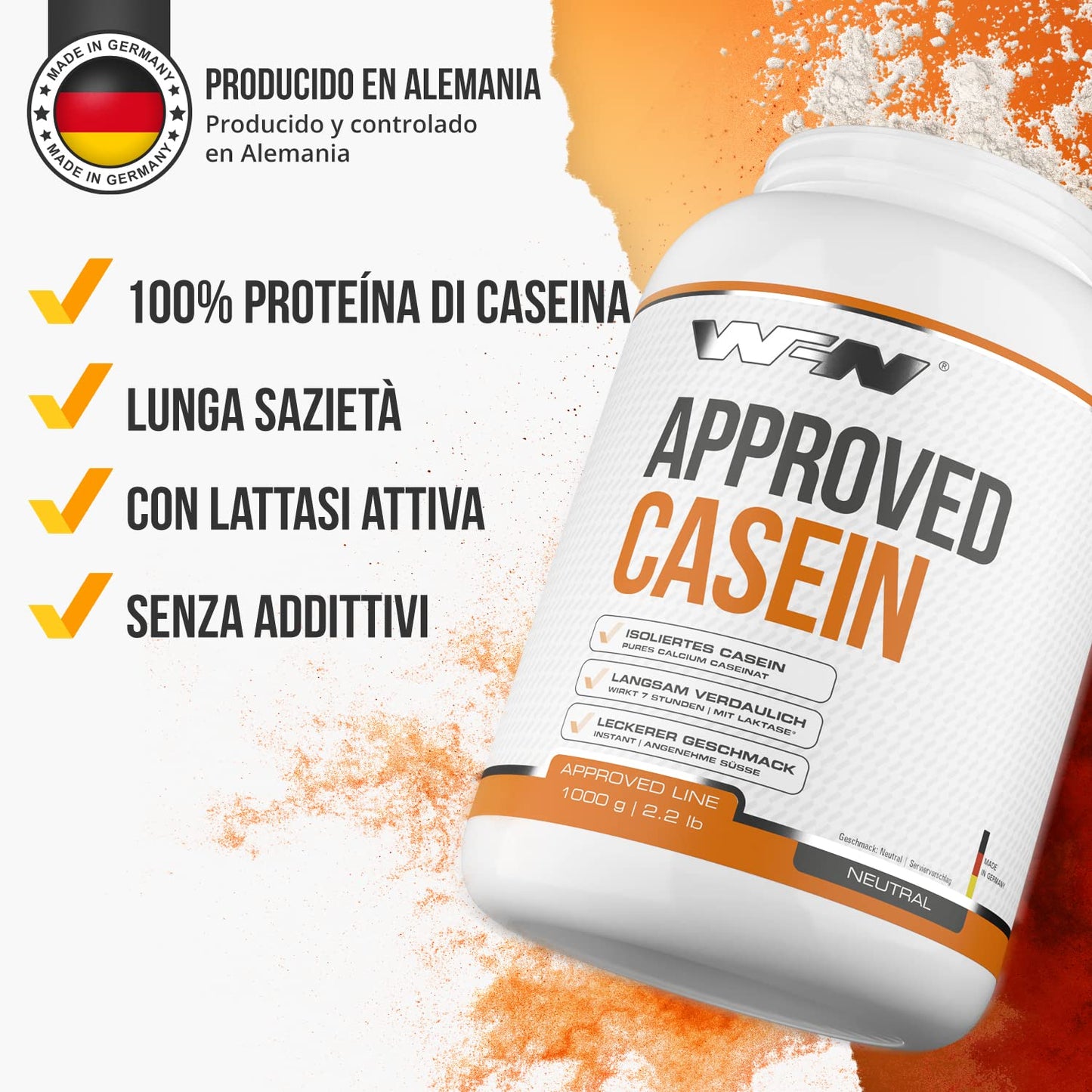 WFN Approved Casein - Neutro - 1 kg - Proteine della caseina con lattasi - Proteina in polvere cremosa - Molto solubile - Prodotto in Germania - Testato in laboratorio esterno