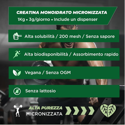 Creatina Monoidrata Micronizzata in polvere 100% - 1 kg / 1000g - Insapore - Aumento delle prestazioni fisiche e della forza muscolare - Incluye dosatore - Altamente solubile - FOODELIS®