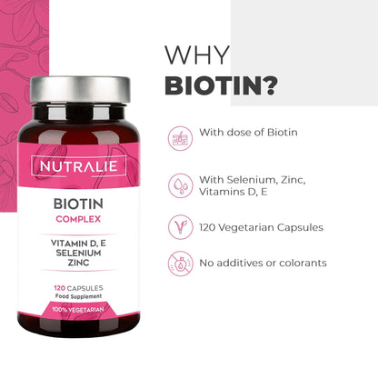 BIOTINA - Crescita Capelli, Unghie e Pelle - Integratore Capelli ad Alto Dosaggio con Zinco Selenio e Vitamine D e E | 120 Capsule Vagane Nutralie