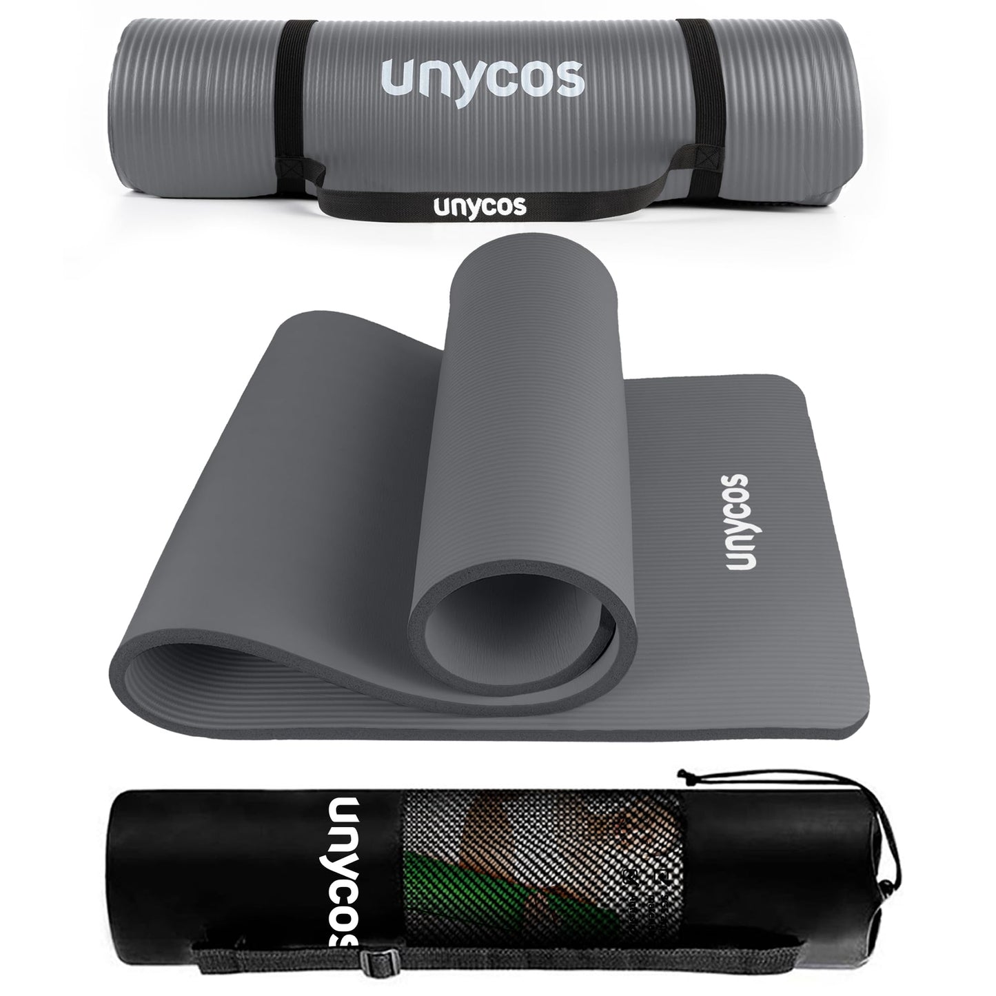 unycos - Tappetino Antiscivolo da Yoga, Pilates e Ginnastica Extra Spesso 10/15 mm, 183x60 cm, Materassino Fitness con Schiuma NBR Confortevole, Tracolla, Borsa ed E-Book di 50 Esercizi