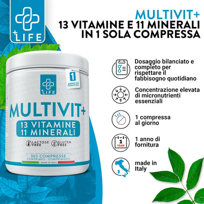 Multivitaminico Completo Con Minerali Piulife® 365 Compresse Con 24 Vitamine E Minerali, Integratore Multivitaminico Donna Uomo Bambini, Difese Immunitarie Adulti, Energia Integratori Stanchezza