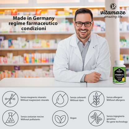 Vitamaze® Vitamina K2 MK-7 Alto Dosaggio Menachinone, 180 Compresse Vegan, Qualità Tedesca, Naturale Integratore Alimentare senza Additivi non Necessari