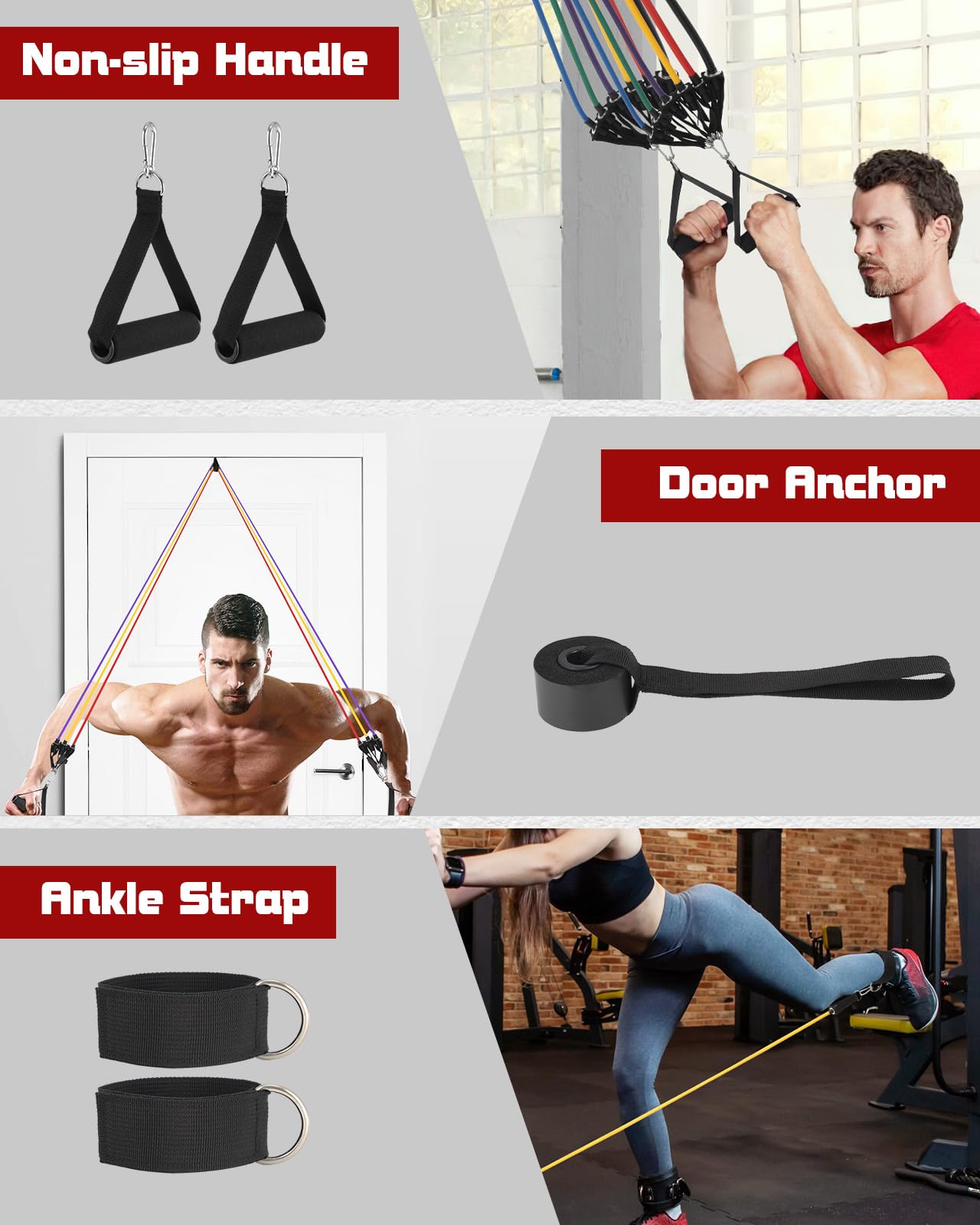 Fitense 6 Set Elastici Fitness Uomo - Elastico Fitness Bande 270 Lbs, Elastici Palestra con Maniglie, Ancoraggio Porta, Cinghie Caviglia, Borsa e Poster, Perfette per Allenamento a Casa o in Palestra