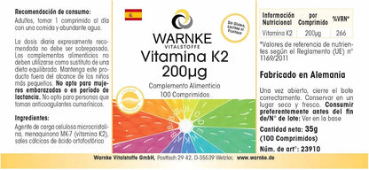 Vitamina k2 mk7 200 mcg - 100 compresse - Menachinone naturale MK-7 - vegan | Warnke Vitalstoffe - Qualità da farmacia tedesca