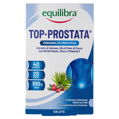 equilibra Integratori Alimentari, Top Prostata, Integratore per la Funzionalità della Prostata, con Serenoa Repens, Olio di Semi di Zucca e Mirtillo Rosso con Zinco e Vitamina E, 40 Capsule