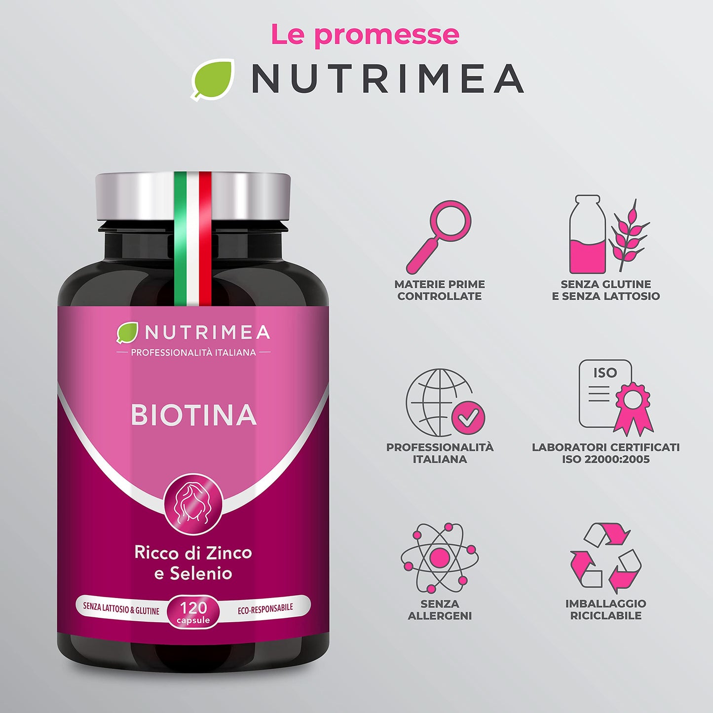 Biotina Nutrimea | Capelli, Unghie e Pelle | Vitamina B8, Zinco, Selenio e Semi di Zucca | Trattamento 4 Mesi | 120 Capsule Vegane