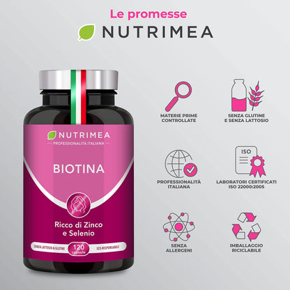 Biotina Nutrimea | Capelli, Unghie e Pelle | Vitamina B8, Zinco, Selenio e Semi di Zucca | Trattamento 4 Mesi | 120 Capsule Vegane