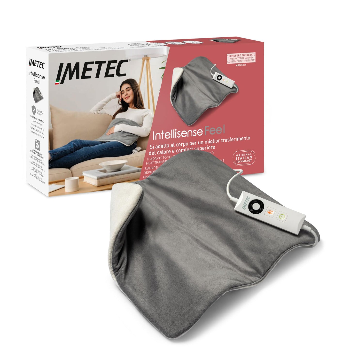 Imetec Intellisense Comfort, Termoforo multiuso, Cuscino termico, Per schiena e addome, Tasca per mani, Rapido riscaldamento, Tessuto anallergico, 5 temperature, Electro block di sicurezza, Lavabile