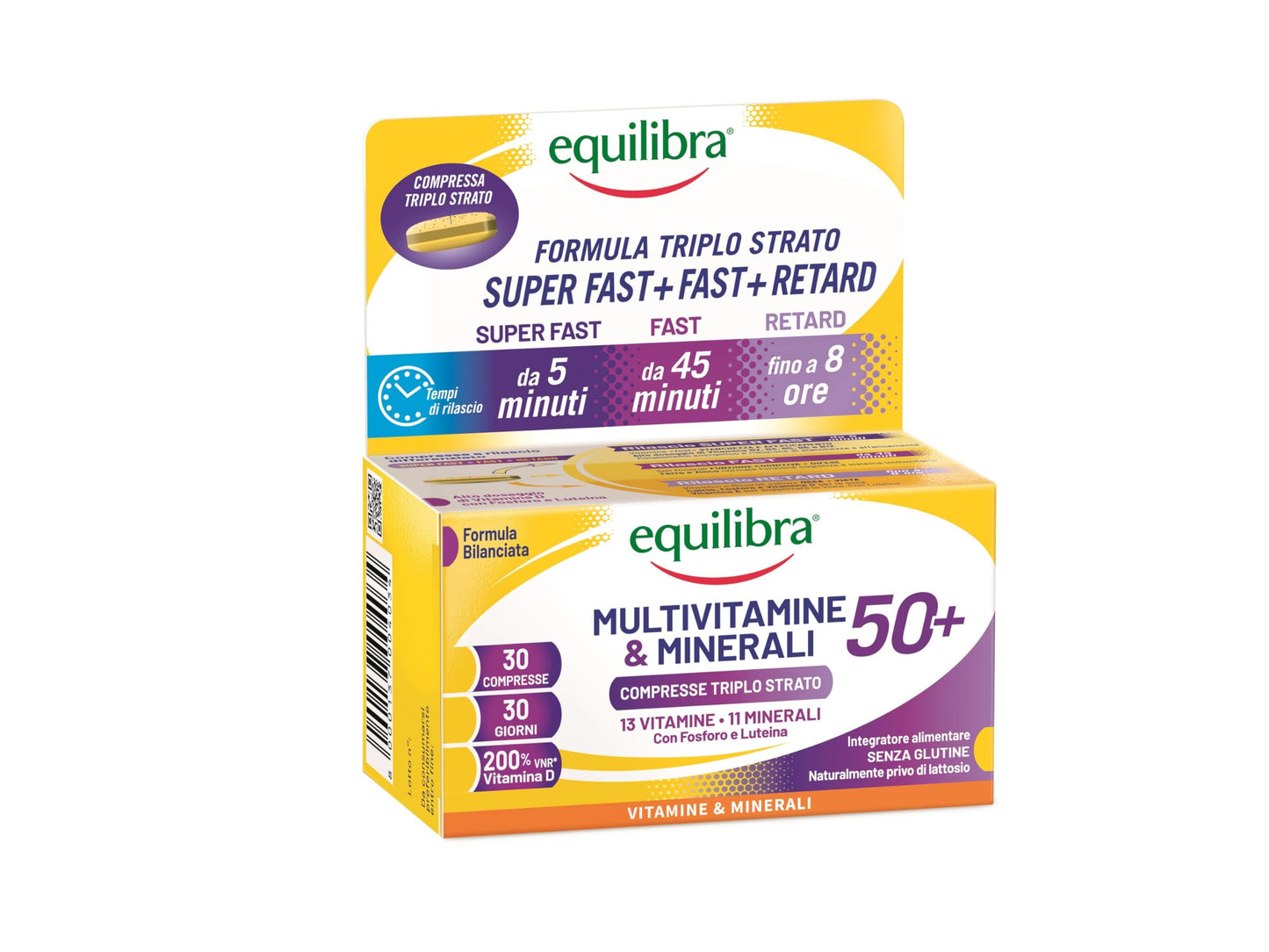 equilibra Integratori Alimentari, Multivitamine & Minerali 50+, Formula Potenziata, Energia, Sostegno, Funzioni Cognitive, 30 Compresse Triplo Strato a Rilascio Differenziato nel Tempo