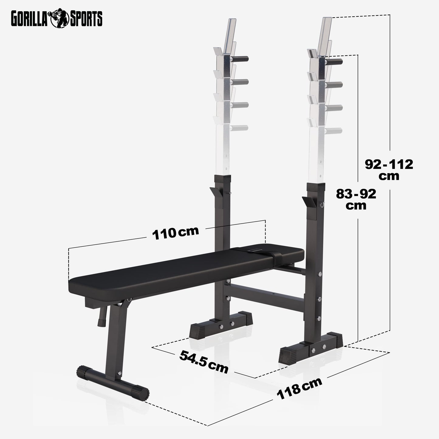 GORILLA SPORTS® Panca Pesi - con Porta Bilanciere, Regolabile e Pieghevole, Carico Max. 200kg, in Altezza, Nera/Bianca - Panca Piatta, Palestra, per Sollevamento, Multifunzione, Allenamento, Fitness