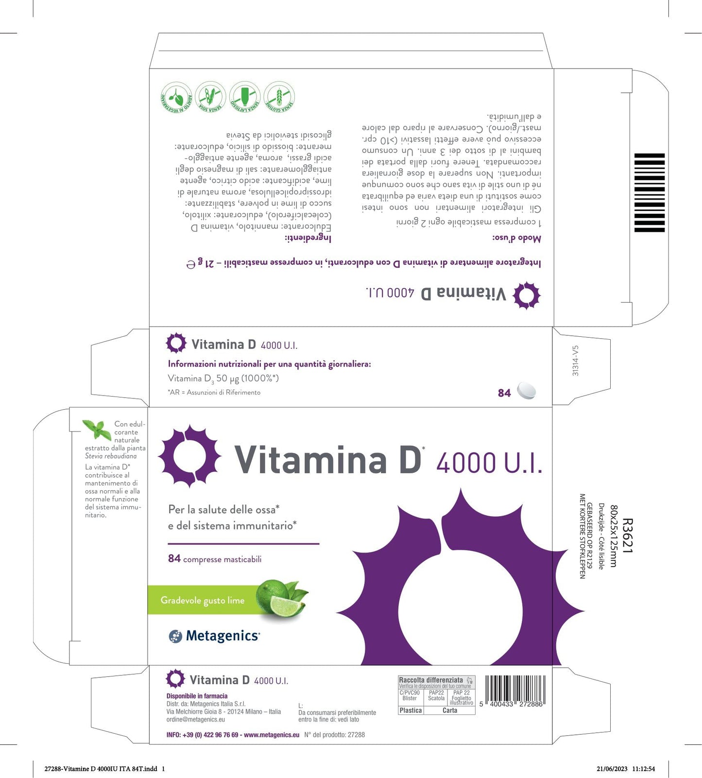 Metagenics Vitamina D 4000 U.I. - Integratore Alimentare Sistema Immunitario - Per la Salute delle Ossa - Gusto Lime - 168 Compresse Masticabili