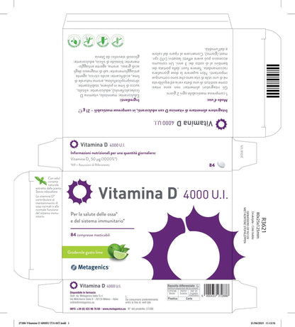 Metagenics Vitamina D 4000 U.I. - Integratore Alimentare Sistema Immunitario - Per la Salute delle Ossa - Gusto Lime - 168 Compresse Masticabili