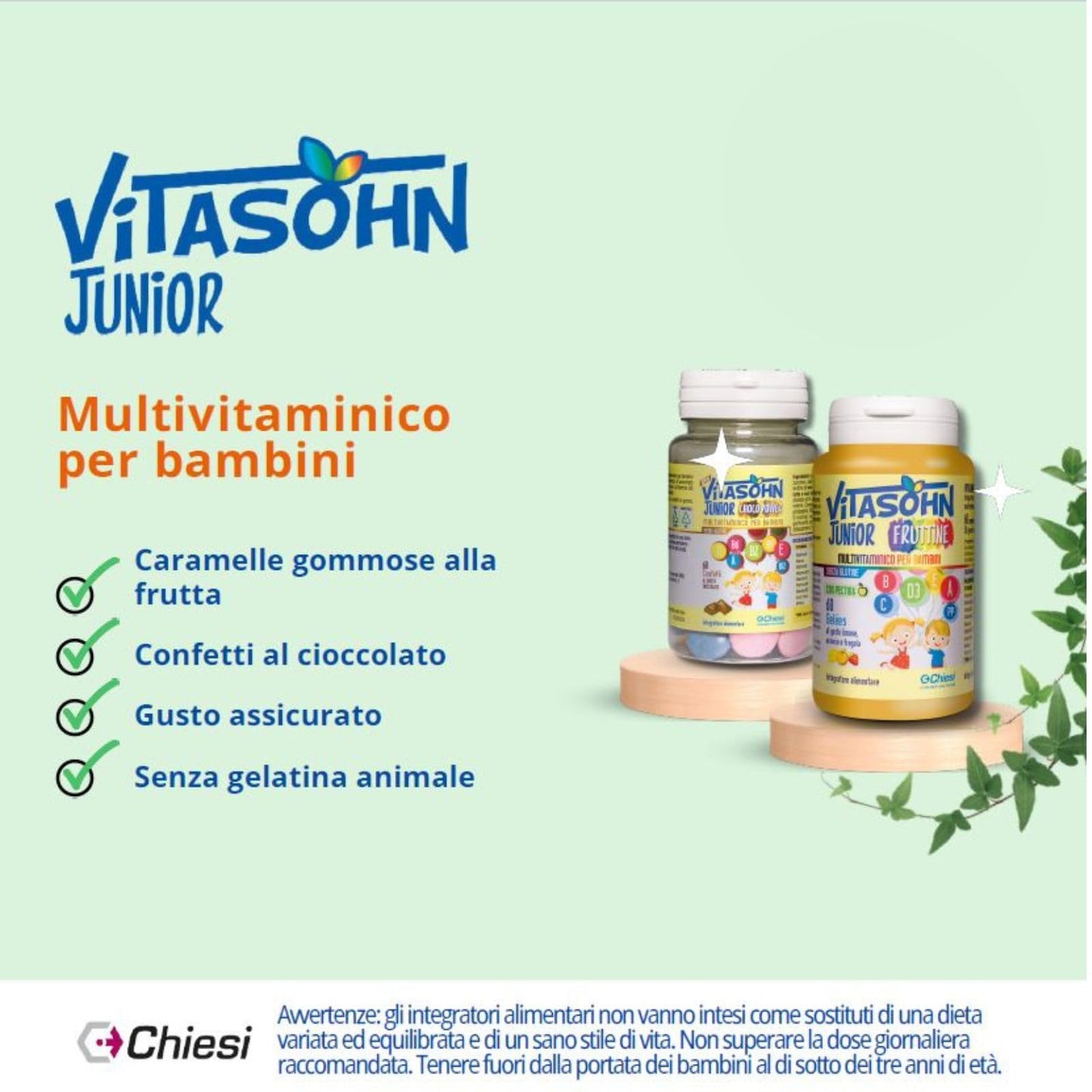 Chiesi, Vitasohn JuniorFruttine - Integratore Alimentare Multivitaminico per Bambini, Senza Glutine, con Pectina, Gusto Limone, Arancia e Fragola - Confezione da 60 caramelle gelées