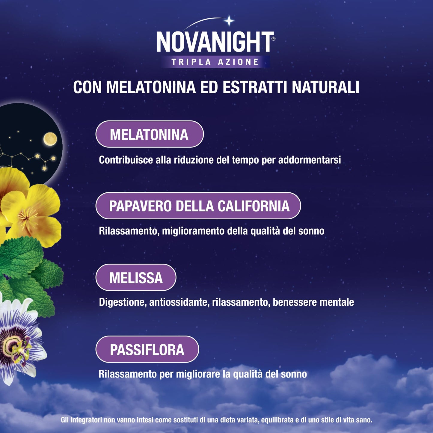 Novanight Tripla Azione Melatonina per Dormire, Integratori per Dormire, Disturbi del Sonno - Senza Glutine, con Melatonina, Escolzia, Passiflora, Melissa. Non Induce Dipendenza (70 Compresse)