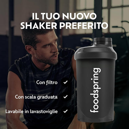 foodspring - Shaker proteine 500ml BPA-free - Borraccia shaker bevande proteiche con tappo a vite, setaccio e scala misurazione - Bottiglia shaker fitness e palestra lavabile in lavastoviglie - nero