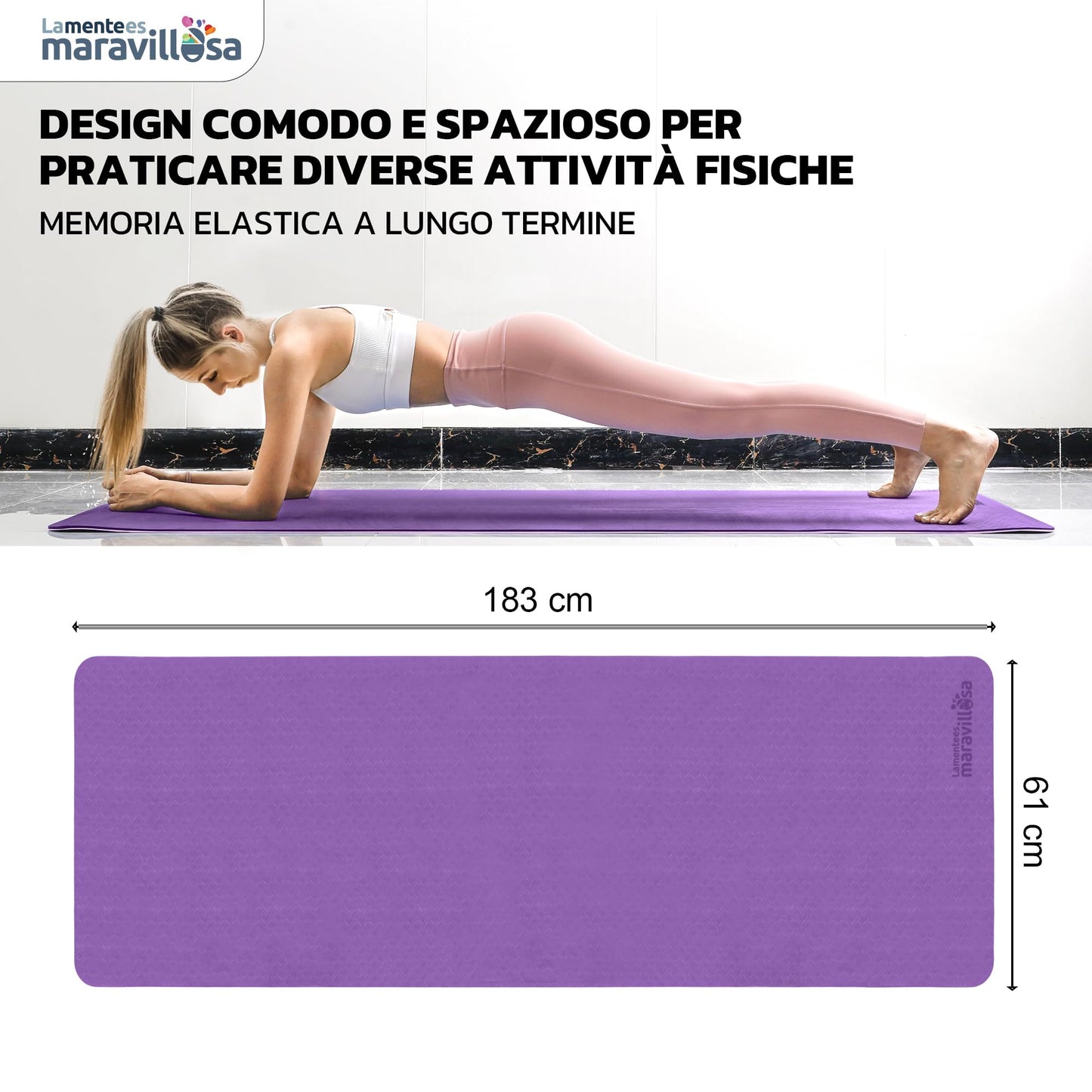 LA MENTE ES MARAVILLOSA - Tappetino per Yoga, Pilates, Fitness o Altri Sport, Tappetino Antiscivolo in TPE con Borsa a Tracolla, Tappetino da Allenamento 183 x 61 cm