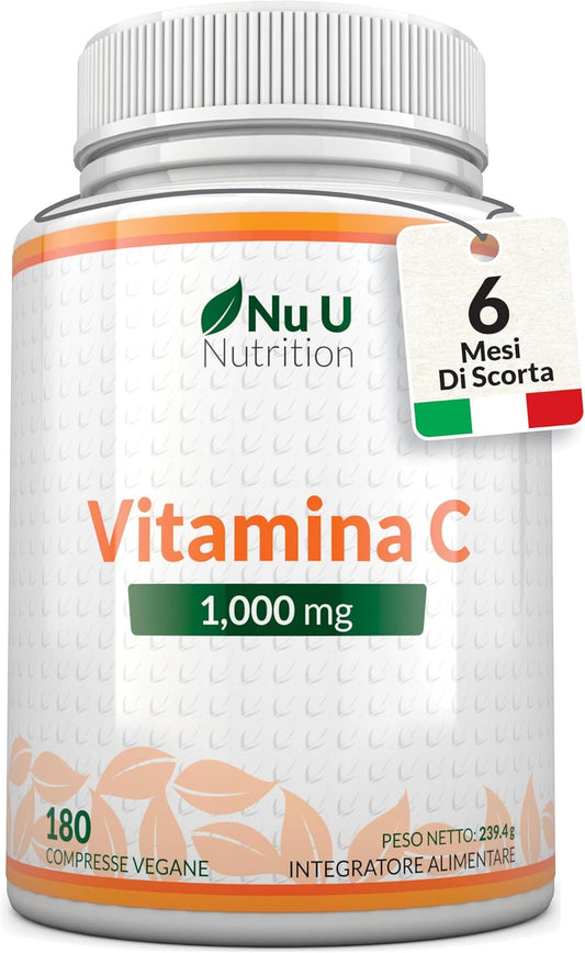 Vitamina C 1000mg Pura Alto Dosaggio - 180 Compresse Vegane - 6 Mesi di Fornitura - Acido Ascorbico - Senza GMO - Integratori alimentari di Nu U Nutrition