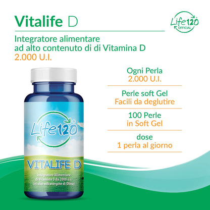 Life 120 - Vitalife D - Integratore alimentare di Vitamina D 2000 UI per softgel, 100 Softgel ad Alto Dosaggio, fondamentale per Ossa, Denti, Muscoli e Sistema Immunitario, 3 Confezioni da 100 Softgel