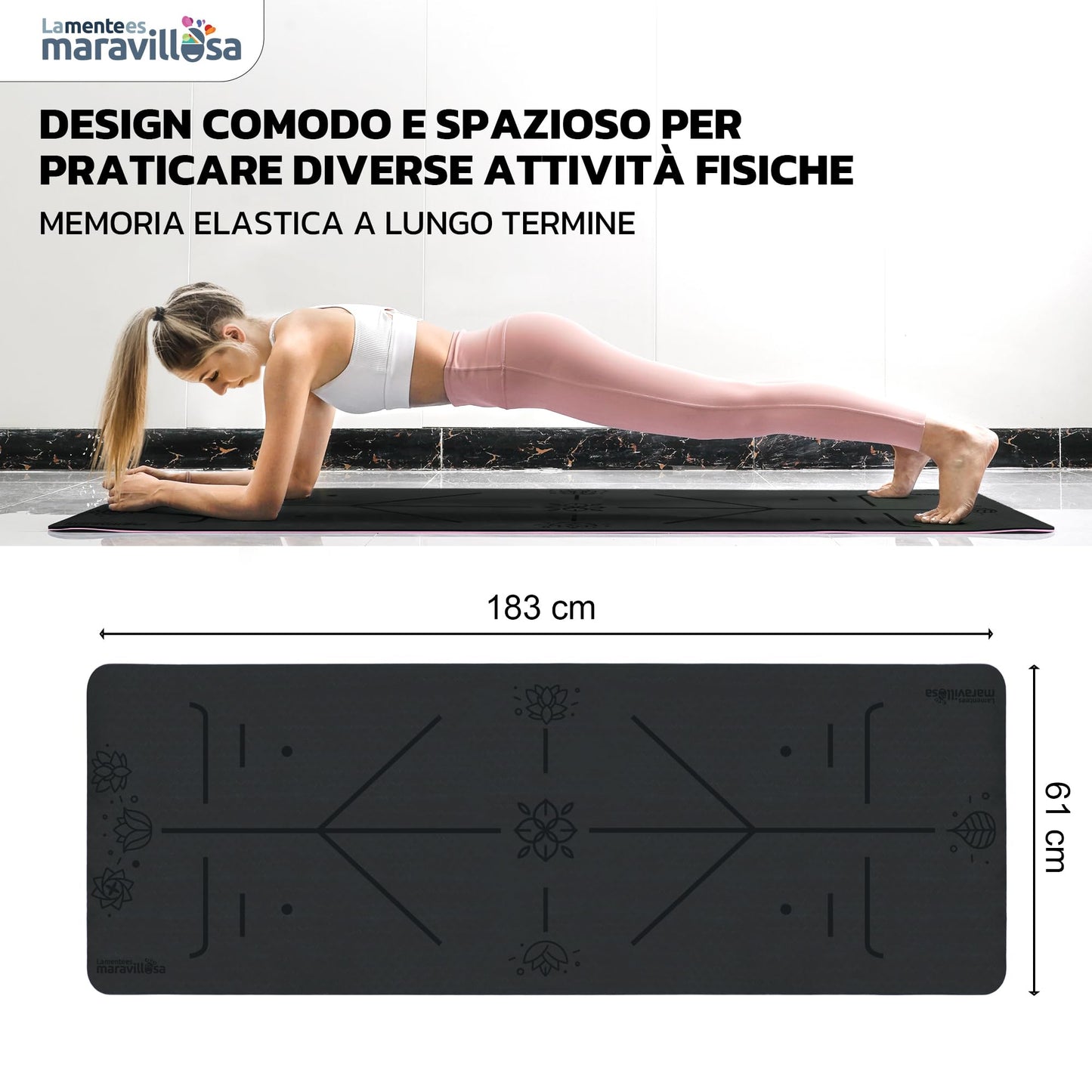 LA MENTE ES MARAVILLOSA - Tappetino per Yoga, Pilates, Fitness o Altri Sport, Tappetino Antiscivolo in TPE con Borsa a Tracolla, Tappetino da Allenamento 183 x 61 cm