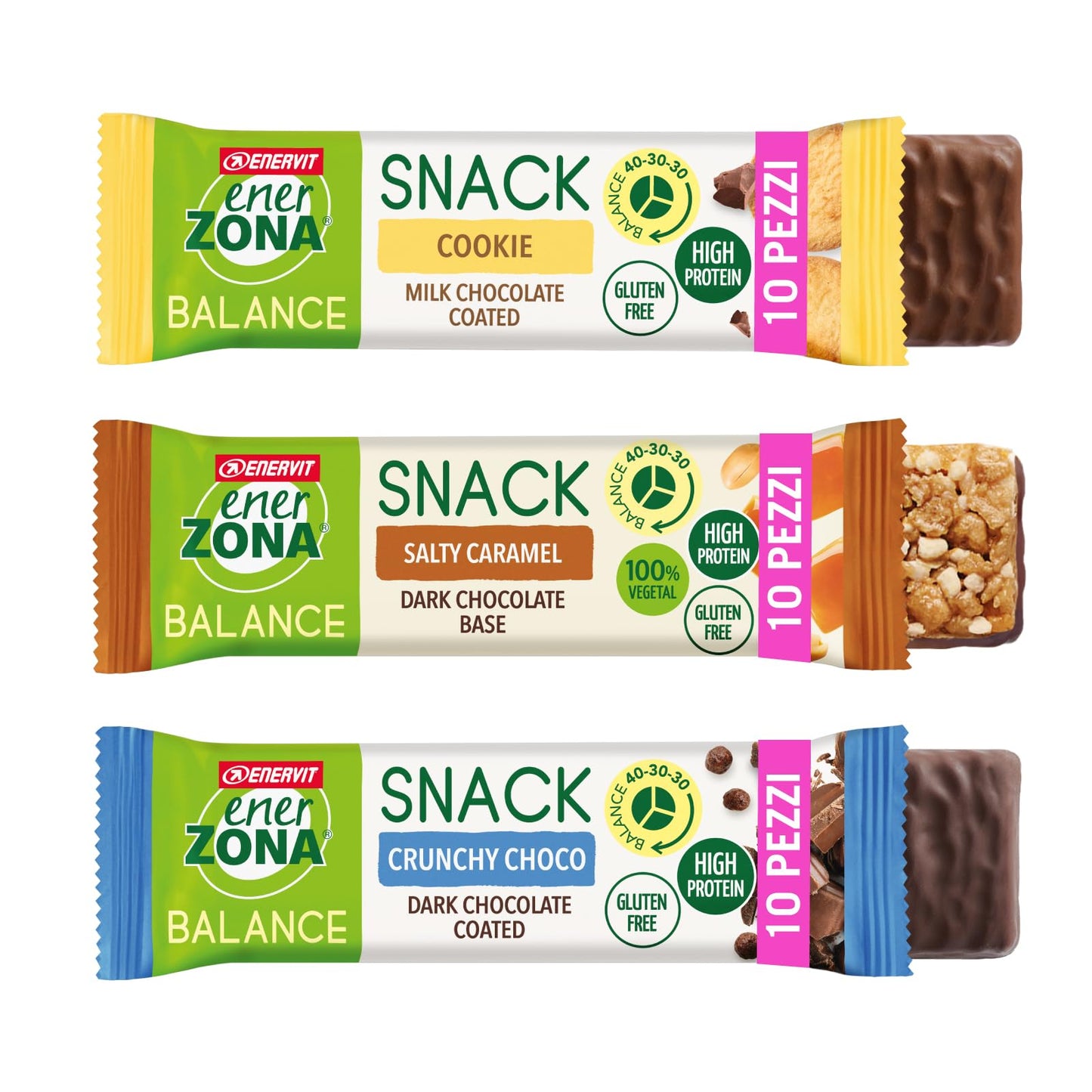 Enervit, Enerzona Protein Snack 40-30-30 Variety Pack 10pz Caramello + 10pz Crunchy Choco+ 10pz Cookies, Barrette Proteiche per Dieta a Zona con Proteine del Latte e Fibre, Senza Olio di Palma