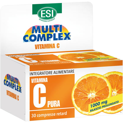 ESI - Multicomplex Vitamina C Pura Retard, Integratore Alimentare Massimo Dosaggio, a Rilascio Prolungato, Supporta il Funzionamento del Sistema Immunitario, Senza Glutine e Vegan, 90 Compresse